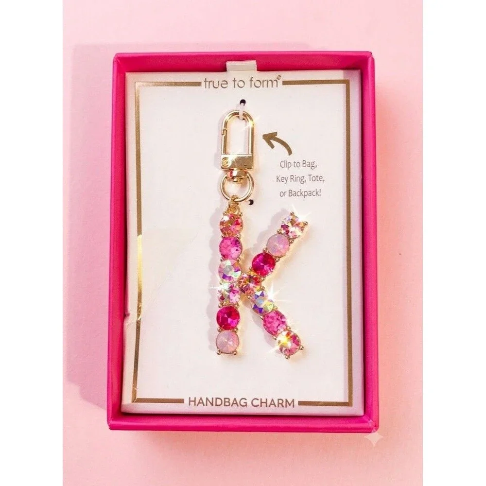 True to Form Initial Pink Letter K Handbag Charm Keychain Bag Purse Rhinestones